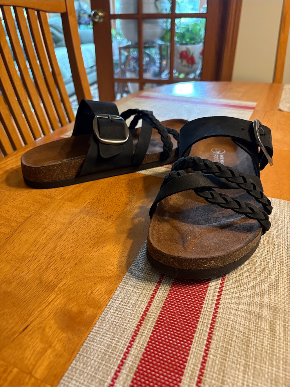 White Mountain Black Leather Braided Buckle Cork Footbed Sandals size 11